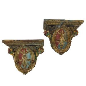Pair Decorative Gilt Corbel-Style Brackets / Bookends 7" x 6" Hollow Cast